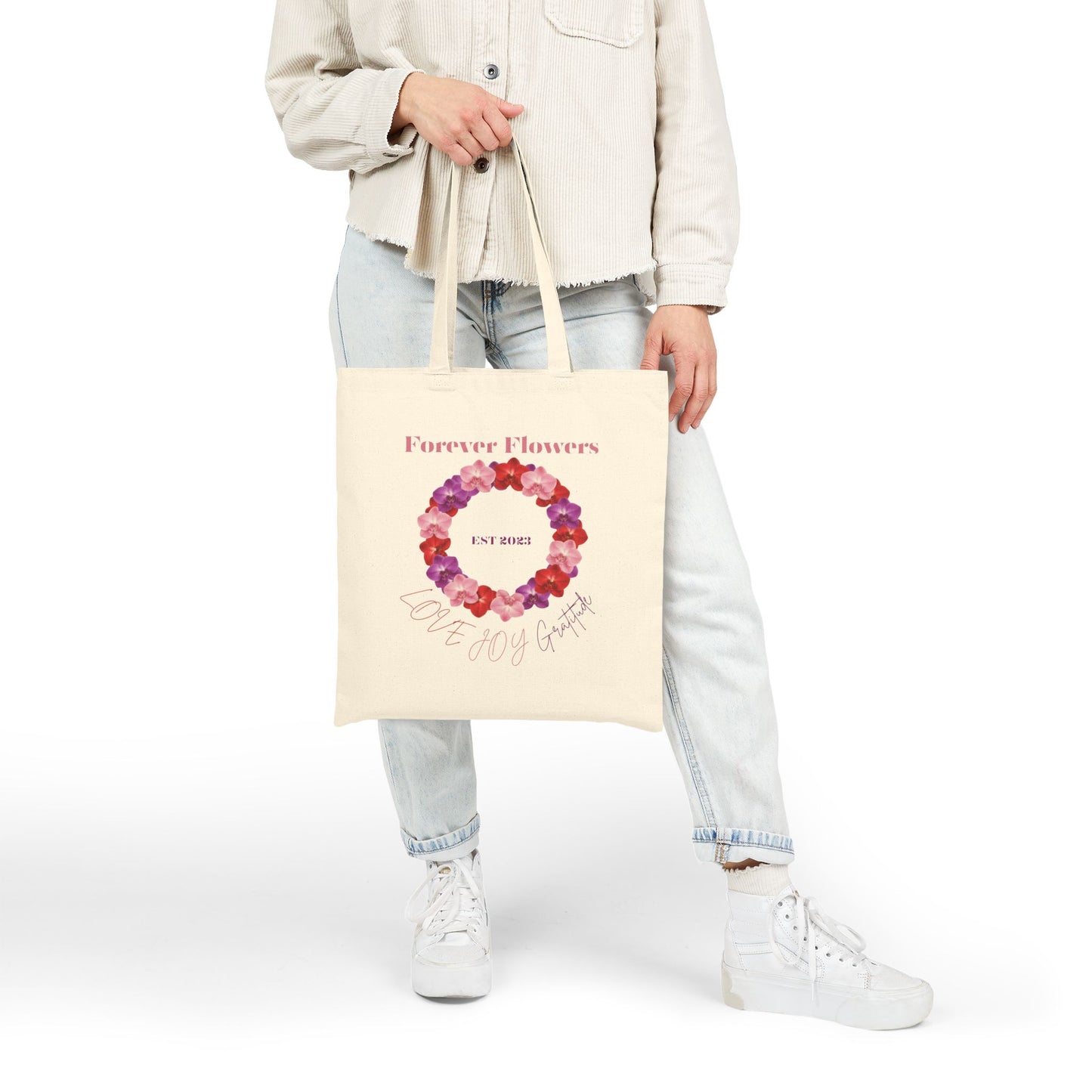 The Love Joy Gratitude Wreath Cotton Tote Bag | Orchid Collection Love Joy Gratitude