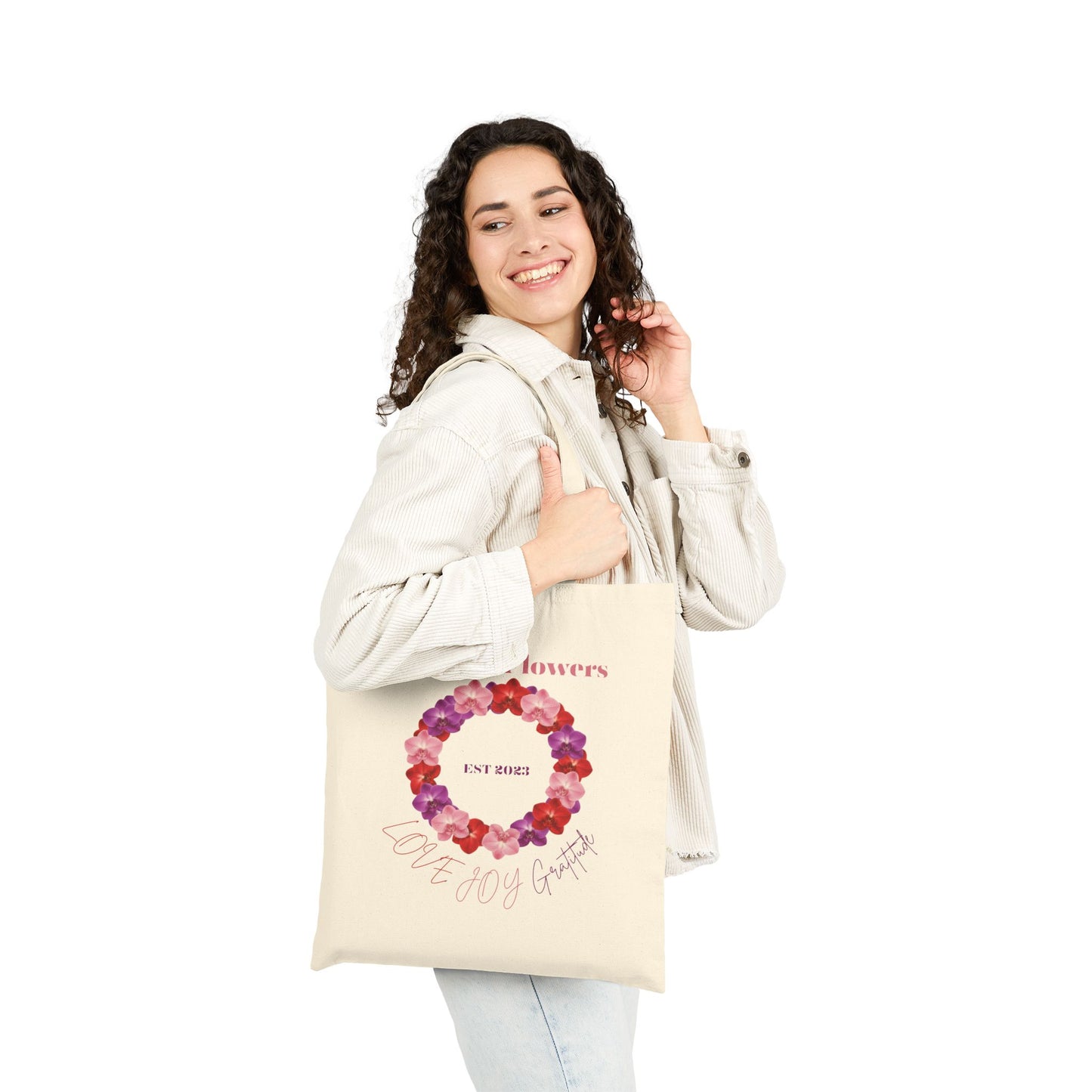 The Love Joy Gratitude Wreath Cotton Tote Bag | Orchid Collection Love Joy Gratitude