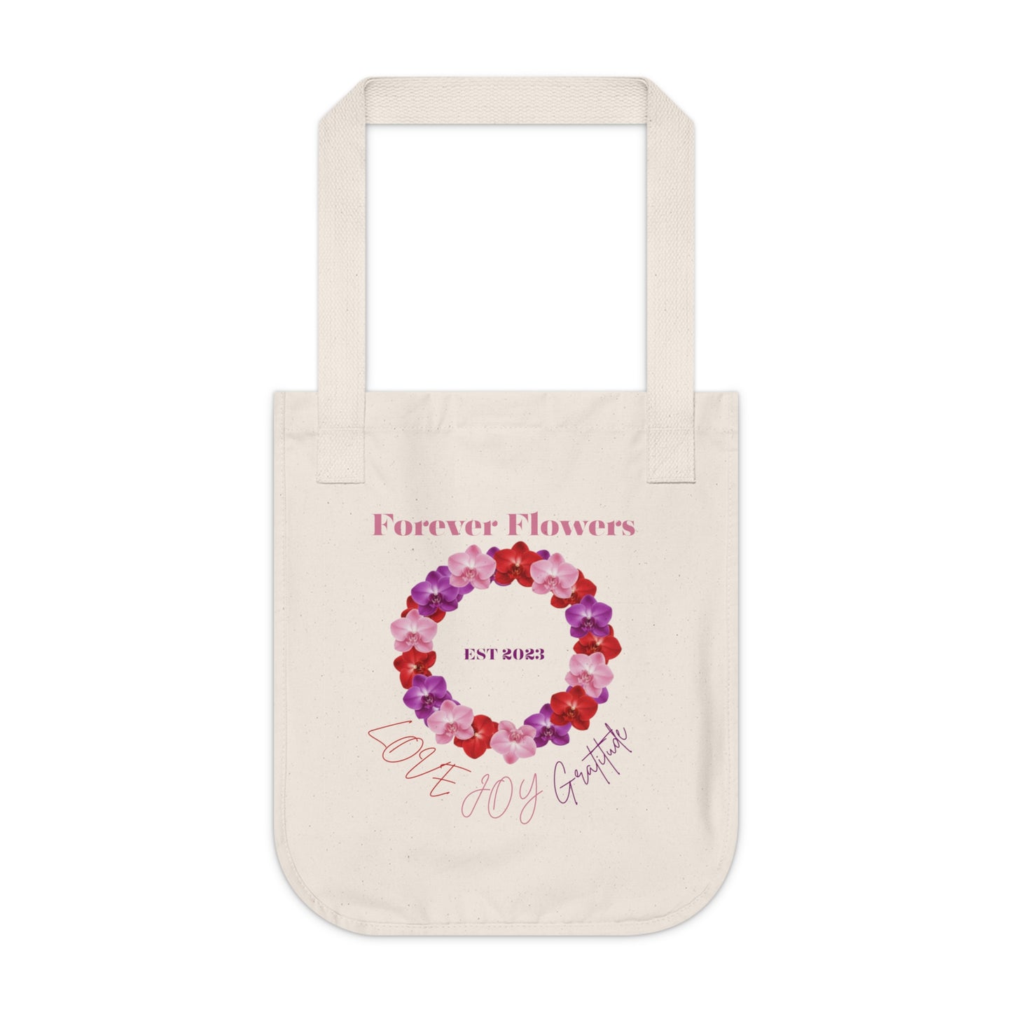 The Love Joy Gratitude Harmony Ring Organic Tote Bag | Orchid Collection Love Joy Gratitude