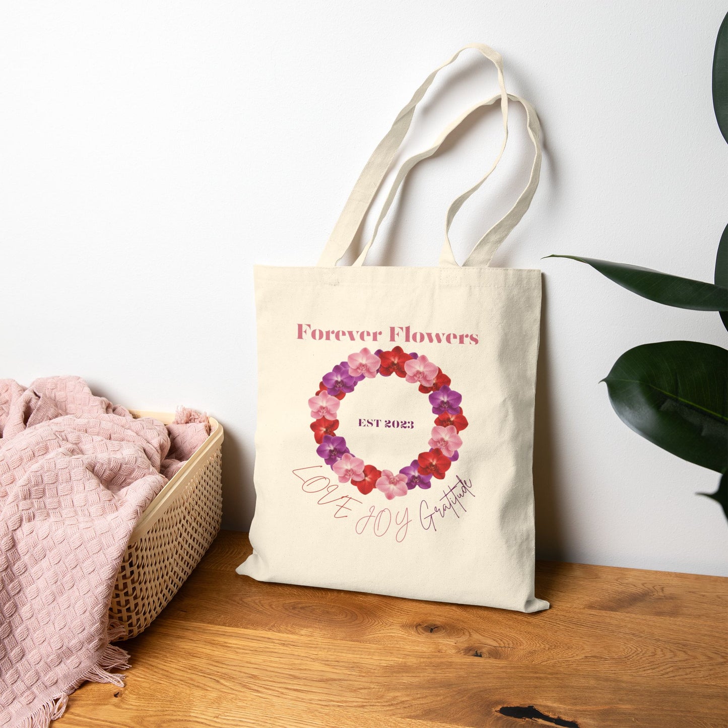 The Love Joy Gratitude Wreath Cotton Tote Bag | Orchid Collection Love Joy Gratitude