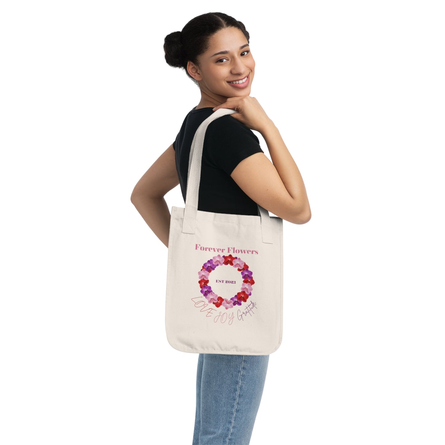 The Love Joy Gratitude Harmony Ring Organic Tote Bag | Orchid Collection Love Joy Gratitude
